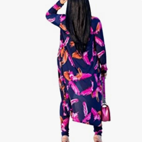 Pink - Y&P printed Long Cardigans 2 Piece Outfits,Long Sleeve Coat and Trousers… - Picture 3 of 5